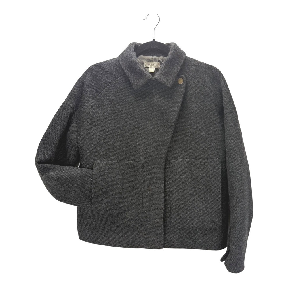 Fossil Women Dark Gray Wool Blend Asymmetrical Button Moto Jacket Size 2